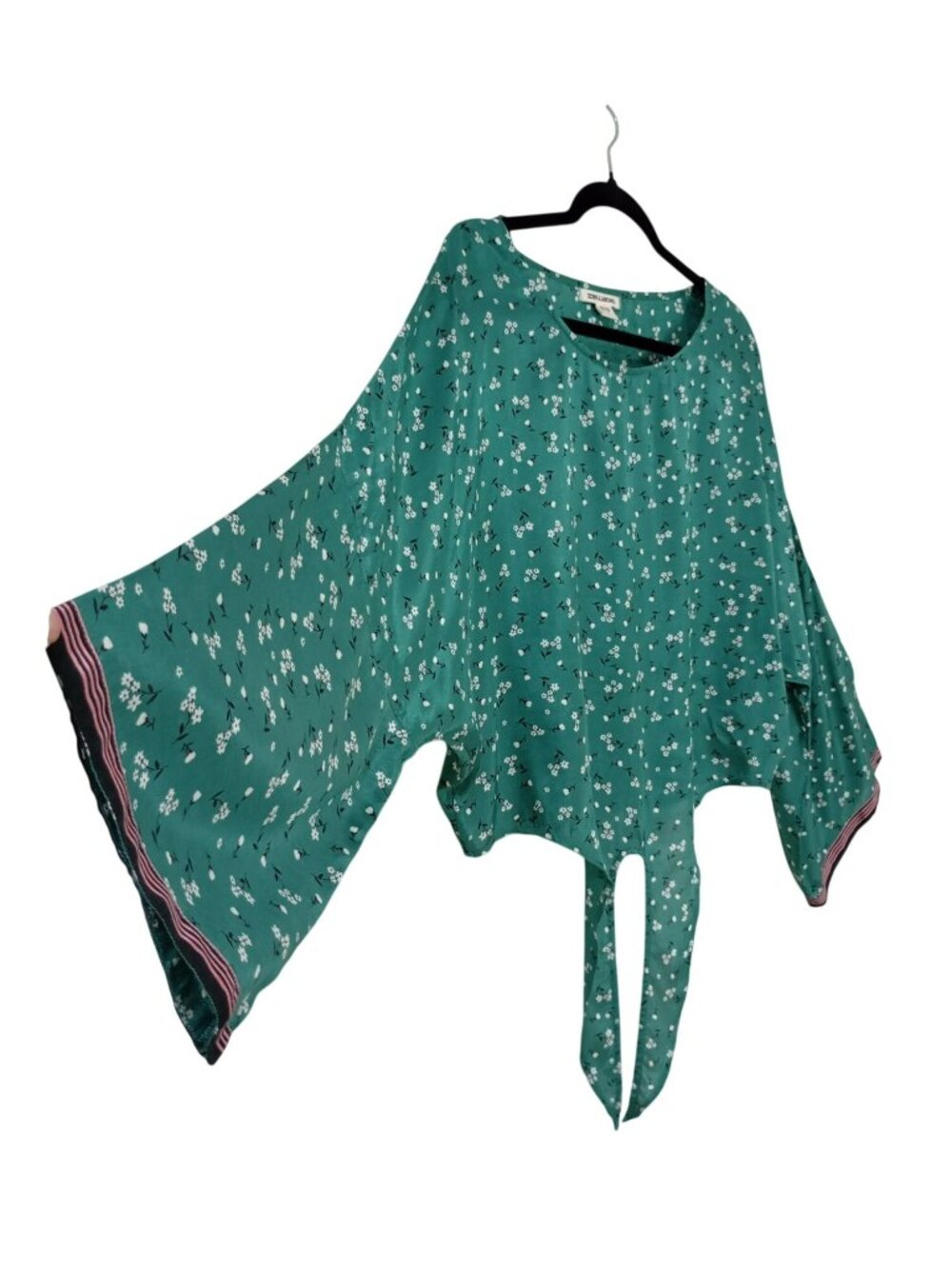 Billabong Green Floral Bell Sleeve Top Bohemia With Handkerchief Hem Size M - Picture 6 of 10